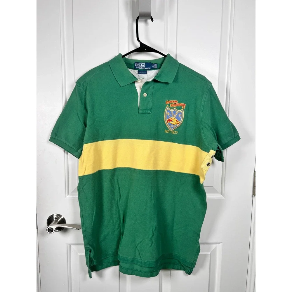 Polo Ralph Lauren Mens Custom Fit Crest Polo Shirt Green Yellow Stripe Large